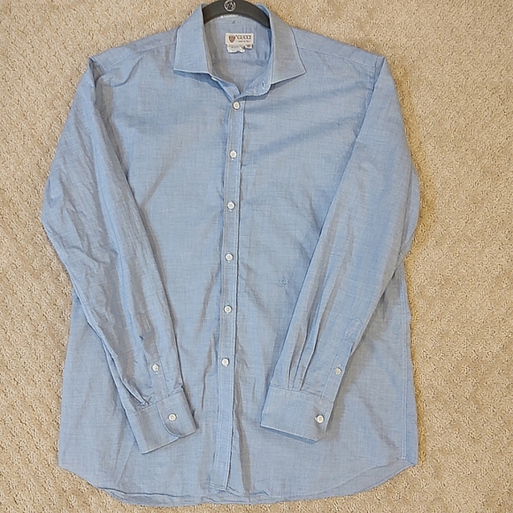 VTG Gucci 80s Blue Double G Oxford Shirt 17 X43 100% Cotton FLAWS